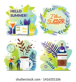 Set Bright Poster is Written Hello Summer Cartoon. Cruise Postcard I Love Summer. Man and Woman at Work Discussing Cup Coffee over Next Summer Vacation. Vector Illustration Lettering.
