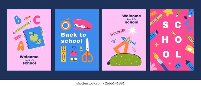 Conjunto de cartazes brilhantes Voltar para a escola com material escolar. Ilustração vetorial desenhada à mão para anúncios, folhetos educativos e impressão.