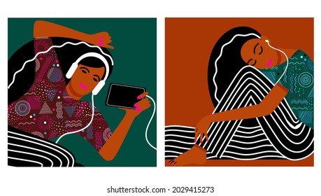 conjunto de afiches, cubiertas, plantillas brillantes. una chica de piel oscura con auriculares escucha música en varios aparatos. pancartas en un estilo abstracto plano. ilustración vectorial de stock. EPS 10.