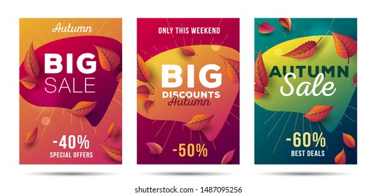 Set of bright posters fer Big autumn sale with fluid speach buuble shape and falling autumn leaves