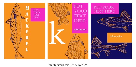 SEt of bright posters with fishes, line art, sketch