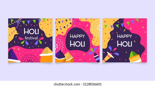 Set of bright posters for Holi India with colors and flags