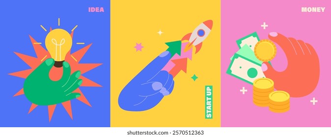 Set of bright posters idea, startup, money. Infographic new business. Concept for business,creating or investing in start up. Profit from venture investments.Vector for web, banner,flyer,social media.