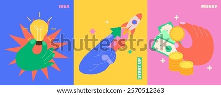 Set of bright posters idea, startup, money. Infographic new business. Concept for business,creating or investing in start up. Profit from venture investments.Vector for web, banner,flyer,social media.
