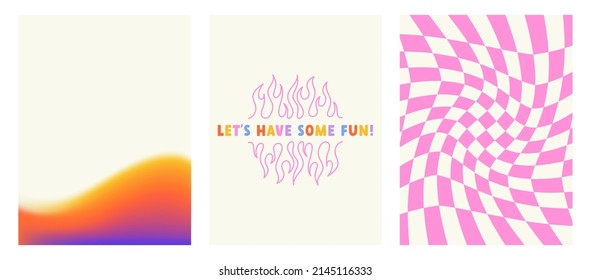 Set of bright posters. Lettering and flame print, modern mesh editable gradient and checkered distorted background. Modern vector illustration of Y2k. Nostalgia for the 2000 years.