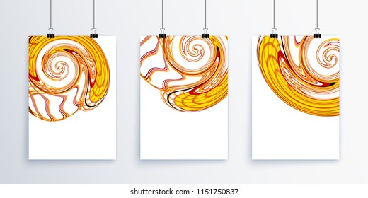 Set of bright posters on a gray background with an abstract pattern. Vector illustration of posters with binders