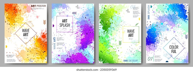 Set of bright posters. Paint colorful set. Color splash of paint. Colorful splashes on a white background. Design of poster, banner, background, cover, postcard, brochure. Vector illustration.