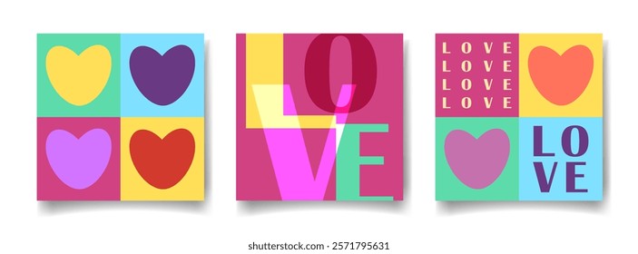 Set of bright posters for Valentine's Day. Cards with overlapping coloured hearts shapes and text love. Banner in style of 80s. Bright overlapping hearts in squares.