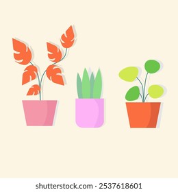  Un conjunto de plantas de interior en macetas brillantes en un estilo plano. Conjunto de Ilustración vectorial.