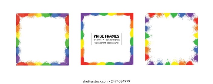 Set of bright pride frames on transparent background. Crayon powder explosion. Editable elements