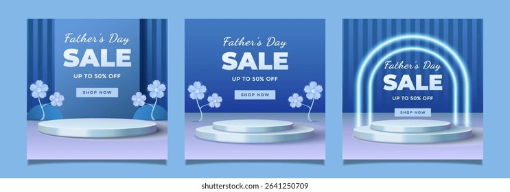 Set Bright promotional designs showcasing a Fathers Day sale with modern layouts, blue tones, and floral decorations emphasizing discounts.