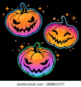 set of bright pumpkins for halloween with smiling face
