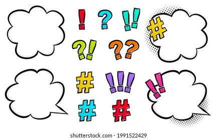 Set of bright punctuation marks in comic style with cloud and speech bubble. Pop art question mark, exclamation mark and hashtag for a poster or banner. Isolated Vector illustration.
