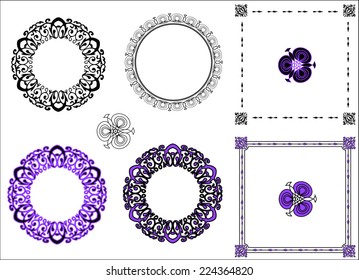 A set of bright purple and black round and square patterned antique frames or graphic elements for your design