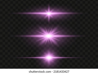 Set of bright purpur flashes, lights and sparks on a transparent background. Abstract flash with glowing line, sunrise, shining stars. Ray shining border. Vector illustration