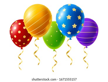 Set of bright rainbow balloons with golden ornate isolated on white background
