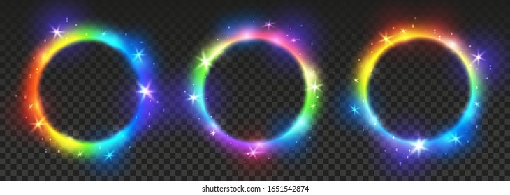 Set of bright rainbow neon circles with transparent effects - vector shiny round frames for Your design