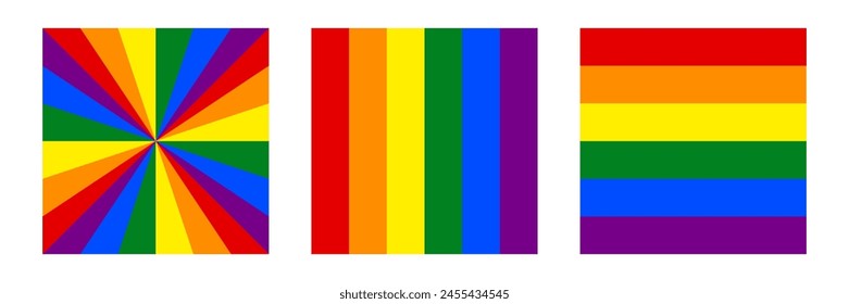 Un conjunto de patrones de arco iris brillantes en tres paneles separados. Los paneles incluyen: un patrón radiante, rayas de arco iris de Vertical y una tradicional bandera Horizontal de arco iris. Ilustración vectorial.