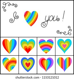Set of Bright Rainbow Striped Hearts Isolated on White Background. Decorative Design Elements I Love You with Heart for Postcard, Greeting, Card, Invitation. 