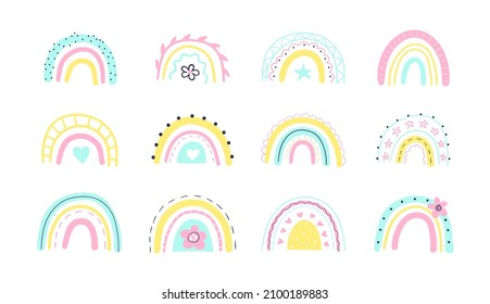 Set of bright rainbows isolated on white background. Vector illustration.