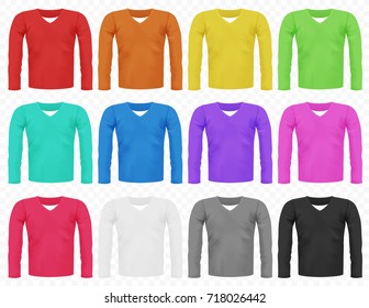 Set of bright realistic different colored male long sleeved t-shirts.