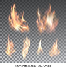 Set of bright realistic fire flames with transparency isolated on checkered vector background. Special light effects collection for design and decoration
