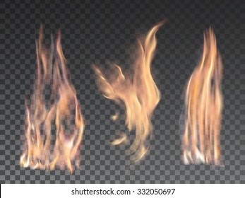 Set of bright realistic fire flames with transparency isolated on checkered vector background. Special light effects collection for design and decoration