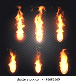 Set of bright realistic fire flames with transparency isolated on checkered vector background. Special light effects for design and decoration. Fireball easy to use.