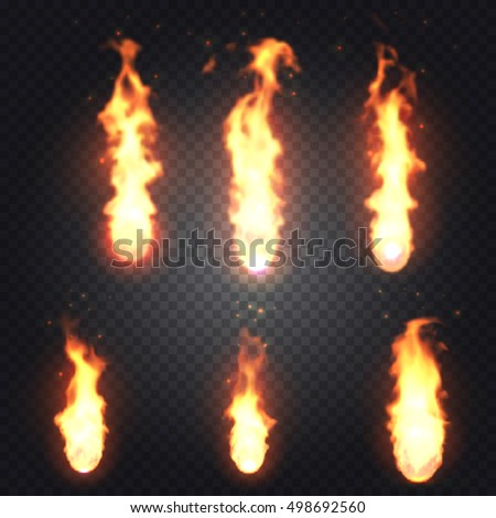 Set of bright realistic fire flames with transparency isolated on checkered vector background. Special light effects for design and decoration. Fireball easy to use.