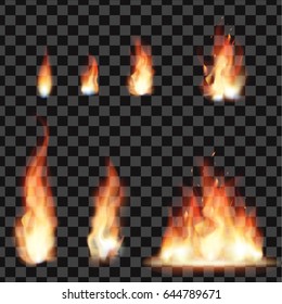 Set of bright realistic fire with transparency isolated on checkered vector background. Light effects collection for your design. Realistic fire flames effect, vector illustration.