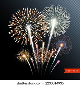 Set of bright realistic fireworks vector