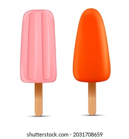 Conjunto de palas congeladas caseras brillantes y realistas, icono vectorial de helado jugoso