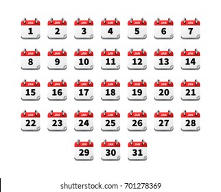 Set of bright realistic icons of calendar on january on white