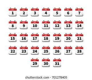 Set of bright realistic icons of calendar on october on white