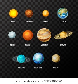 Set of bright realistic planets on solar system like Mercury, Venus, Earth, Mars, Jupiter, Saturn, Uranus, Neptune and Pluto, including sun and moon on transparent background