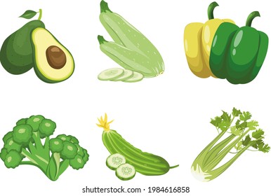 Un conjunto de verduras realistas, pepino, pimienta dulce, apio, aguacate, brócoli, zucchini. Ilustración vectorial realista