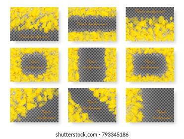 Set of bright rectangular backgrounds with yellow petals of flowering daffodils flying on a transparent backdrop