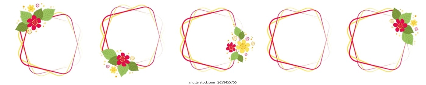 Conjunto de molduras retangulares brilhantes e espaço de cópia. Modelos isolados de vetor com composições florais em estilo plano. Design elegante para álbum de fotos, publicidade, adesivos, cartões postais, etiquetas
