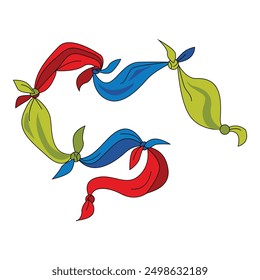 Set of bright red, blue, and green cartoon bandana knots isolated on a white background