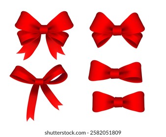 Set of bright red bow ribbons in realistic 3d style. Element design, set of two. Template for emblem or logotype. Vector illustration isolated on white background