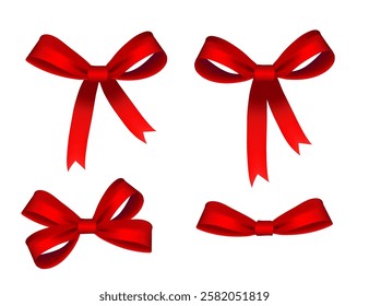 Set of bright red bow ribbons in realistic 3d style. Element design, set of two. Template for emblem or logotype. Vector illustration isolated on white background