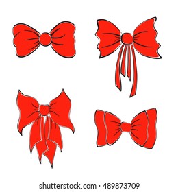 Set with Bright Red Bows. Hand Drawn, Brush Bows. Four Hand Drawn Tie Bows. Black Outline Bows.  Vector EPS 10