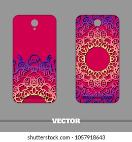 Set of bright red covers with round ornament for mobile phone. Vector illustration