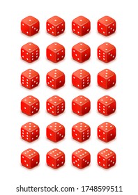 Juego de cubos de juego brillante rojo brillante brillante brillante brillante aislados en fondo blanco, todos los posibles giros de dados 3d para el casino en vista isométrica