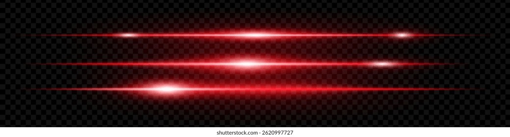 Set of bright red horizontal lens flares glowing on transparent dark background. Futuristic neon beams, ideal for sci-fi effects, digital design, and interface elements. EPS vector illustration.
