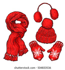 Set of bright red knotted scarf, hat, ear muffs and mittens, sketch style vector illustrations isolated on white background. Hand drawn woolen scarf, hat with a pompom, mittens and ear warmers