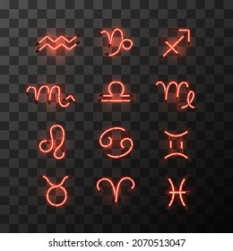 Set of bright red neon zodiac signs, star signs for astrology horoscope on transparent background