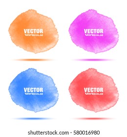 Set of bright red orange blue violet watercolor vector circle stains isolated on white background with realistic paper watercolor texture. Aquarelle vibrant spots. Blur light wash drawing elements
