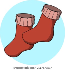 A set of bright red socks for winter. Vector illustration on a round light blue background, badge, emblem, card
