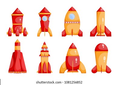 Set of bright red and yellow rockets in a cartoon style on a white background.  Collection of children's toys. Vector illustration
